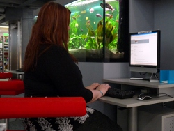 Eine Kundin sitzt am Online Katalog Computer 