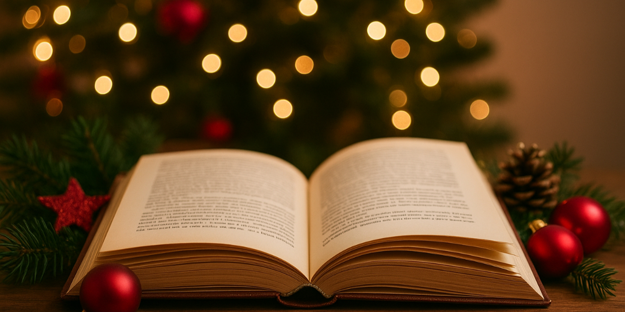 ein geöffnetes Buch mit Weihnachtsbaum im Hintergrund