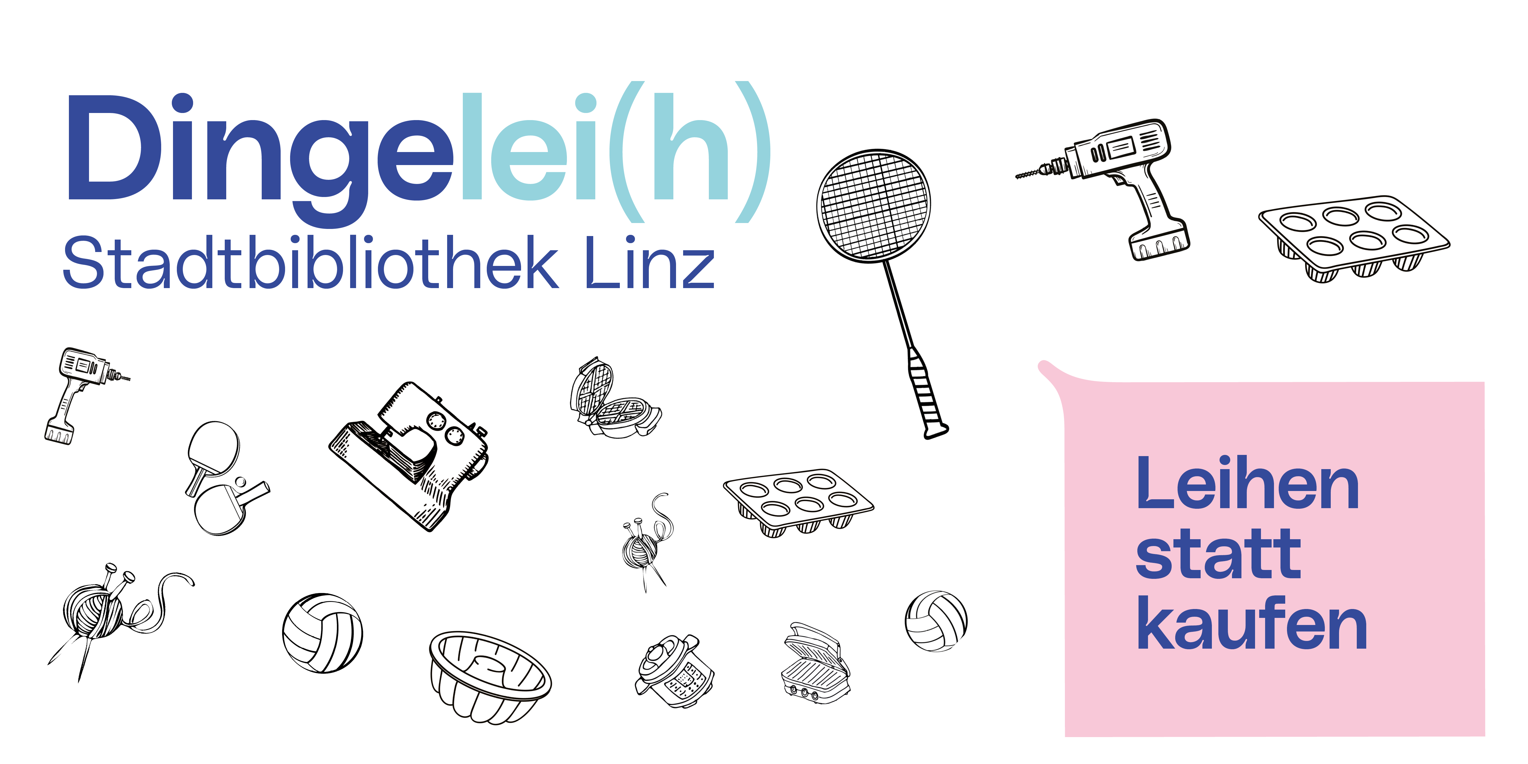 Logo Dingelei(h) und gezeichnete Alltagsgegenstände