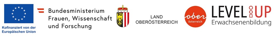 Logos Land Oberösterreich, Bundesministerium Frauen, Wissenschaft und Forschung, EU-Sozialfonds, Level Up - Erwachsenenbildung