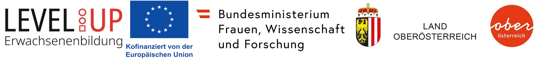 Logos Level Up - Erwachsenenbildung, Bildungsministerium, Land Oberösterreich