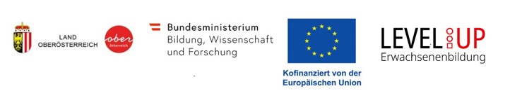 Logos Land Oberösterreich, Bildungsministerium, EU-Sozialfonds, Level Up - Erwachsenenbildung